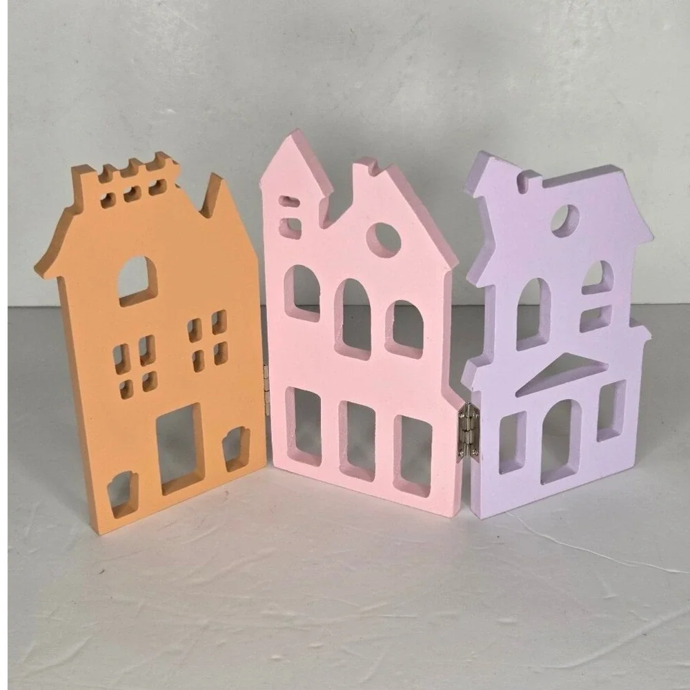Pastel‎ Wooden Haunted Halloween House Bats Trio Tabletop Mantel Hinged Décor